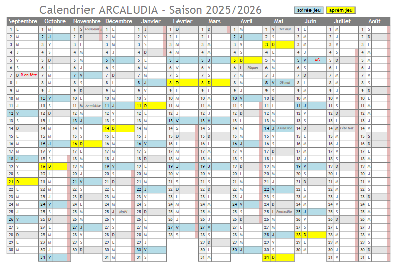 Calendrier d'Arcaludia 1 Calendrier prévisionnel de la saison 2025-2026 d'Arcaludia